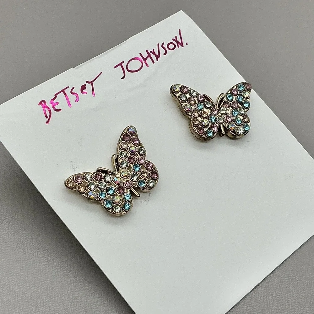 Betsey Johnson Earrings Butterfly Stud Multicolor Rhinestone Sparkle Jewelry_5